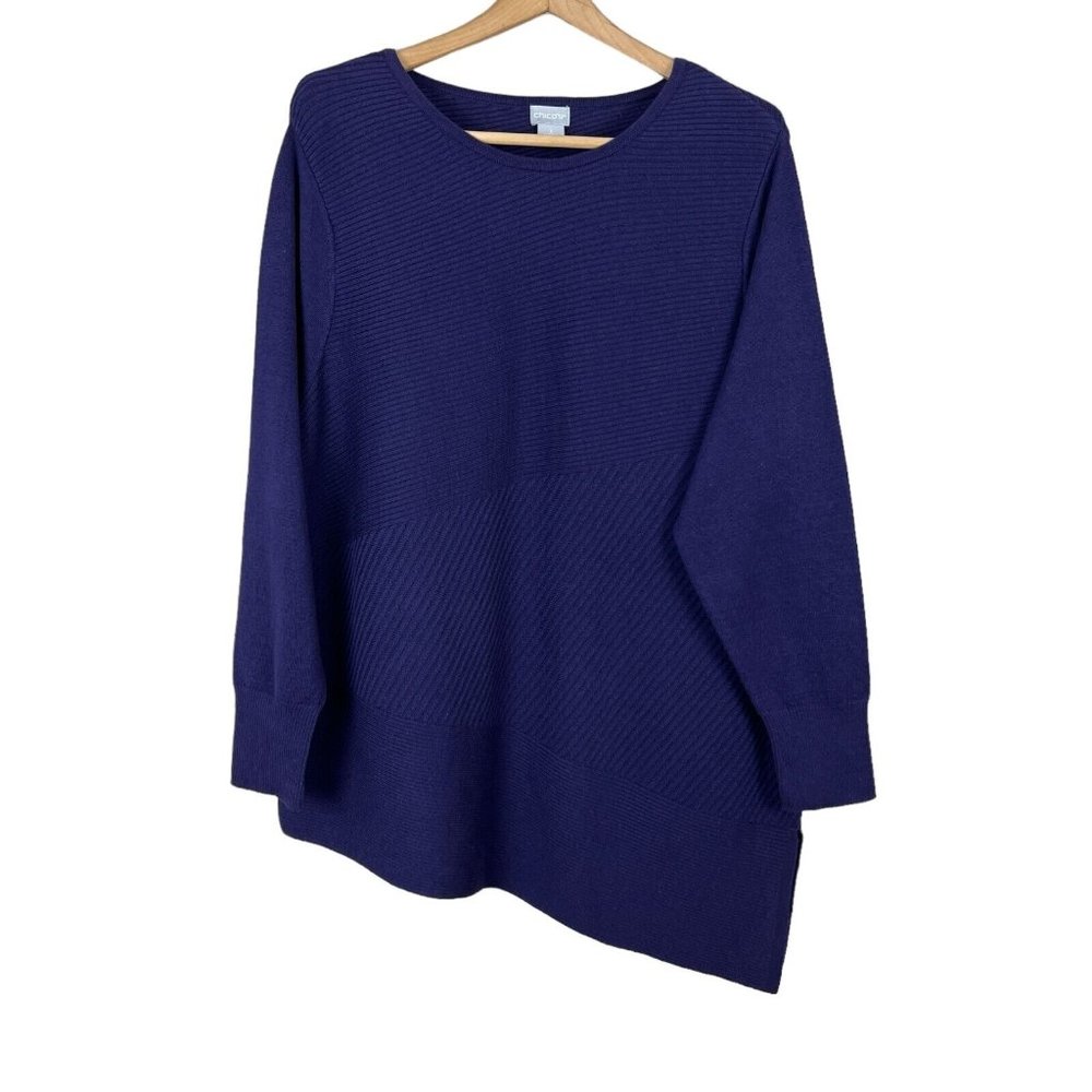 Chicos 3 Sweater Womens XL Purple Asymmetrical Hem Ribbed Knit Tunic Long Sleeve
